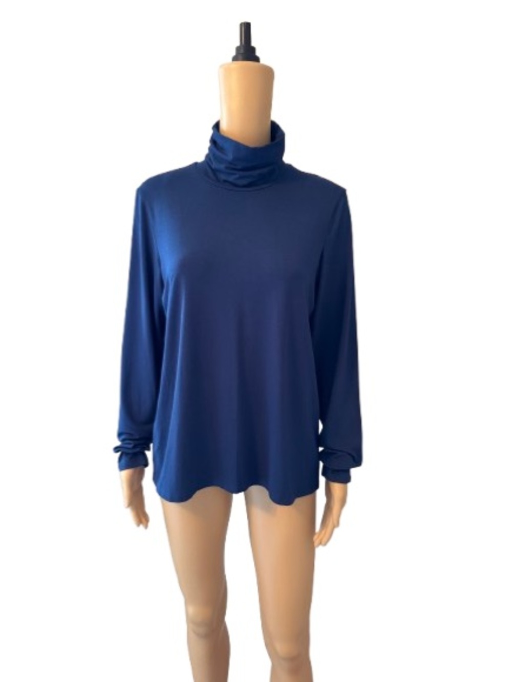 NWT Eileen Fisher Blue Viscose Jersey Scrunch Neck Long Sleeve Top Large